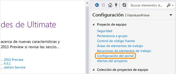 Abrir la página Configuración del portal desde Team Explorer