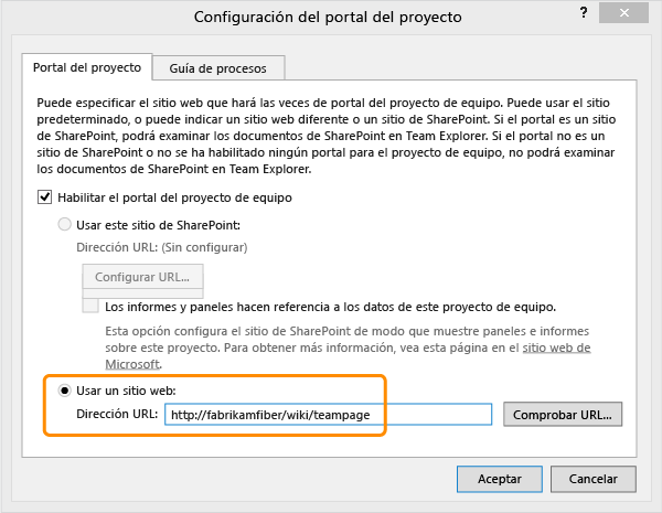 Especificar la dirección URL del sitio web del portal del proyecto