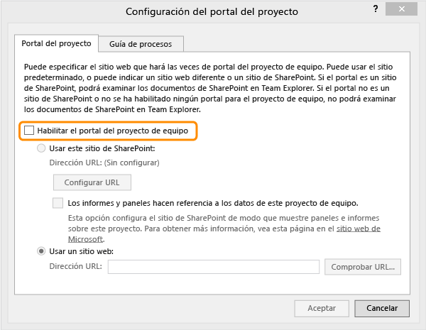 Cuadro de diálogo Configuración del portal del proyecto