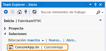 Abrir una solución en la página principal de Team Explorer