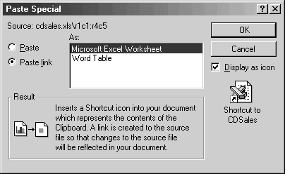 Paste Special dialog box with the Paste link