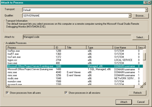 Attaching the debugger to the Project Server Event