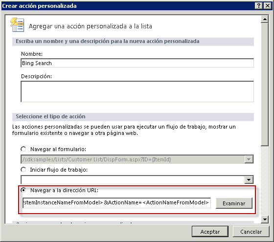 Cuadro de diálogo Crear acción personalizada