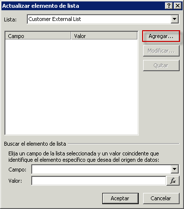Agregar campos para actualizar en la lista externa