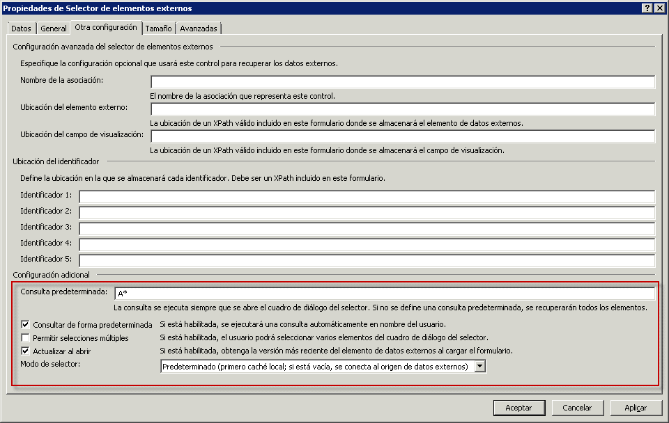 Pestaña Más opciones del selector de elementos externos