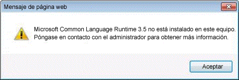 Cuadro de diálogo de error generado porque .NET Framework 3.5 no está instalado