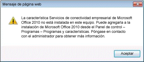 Error generado porque no están instalados los Servicios de conectividad empresarial