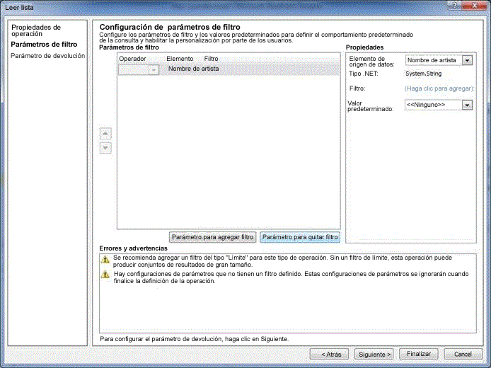 Definición de filtros para la operación de lectura de listas