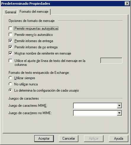 Pestaña de Formato del mensaje para propiedades de dominio remoto