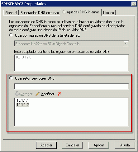 Consultas DNS internas definidas para usar un servidor DNS