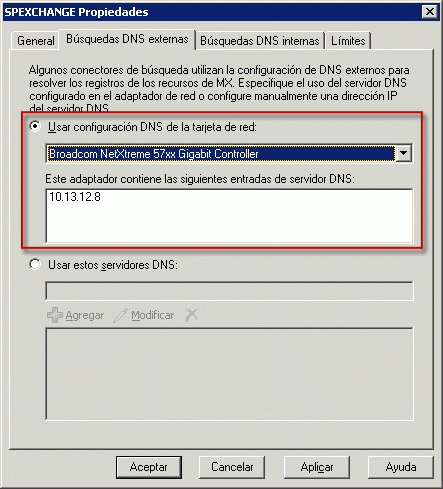 Consultas DNS externas definidas para usar tarjeta de red