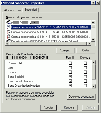 pestaña Seguridad de los Conectores de envío en el Editor ADSI