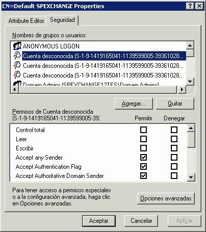 pestaña Seguridad de los Conectores de recepción en el Editor ADSI