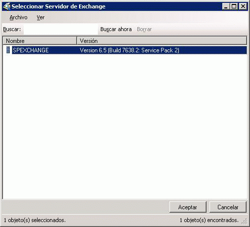 Diálogo Seleccionar servidor de Exchange para el Asistente para la instalación