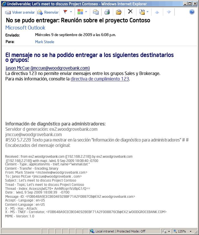 NDR generado por regla de transporte de zona de protección de datos confidenciales