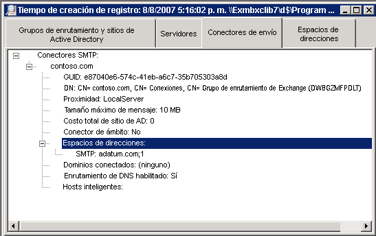 pestaña Conectores de envío del Visor de registro de enrutamiento