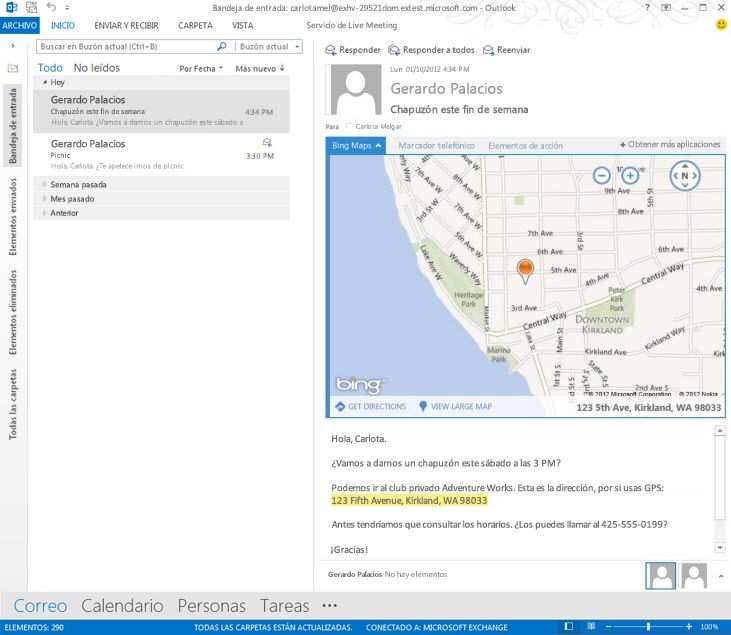 Aplicación de correo para Outlook que muestra un mapa contextual