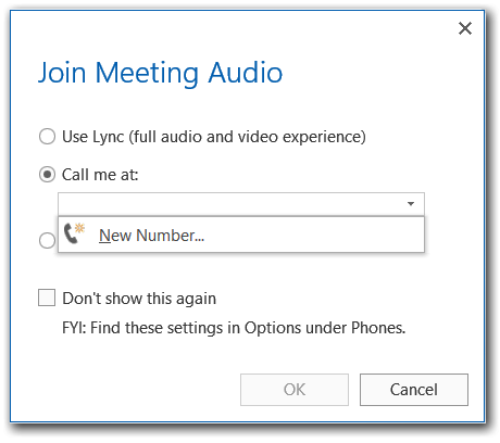 ventana Unirse al audio de la reunión llamarme de Lync