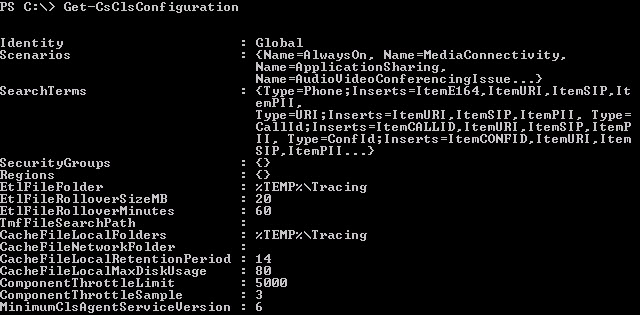 Salida de ejemplo de Get-CsClsConfiguration.