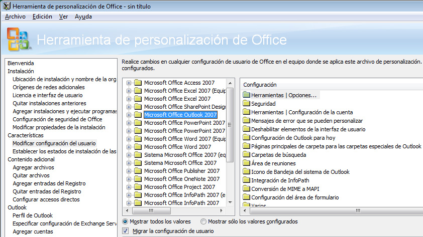 Configuración de Outlook en la modificación de configuración de usuario