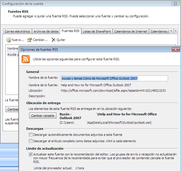 Opciones de fuentes RSS en Outlook 2007