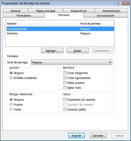 Ficha Permisos en Propiedades de Bandeja de entrada
