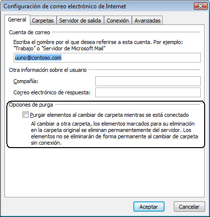 Opción Purgar de la configuración de correo electrónico de Internet