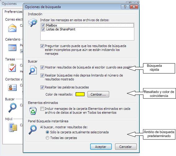 Cuadro de diálogo de opciones de búsqueda de Outlook