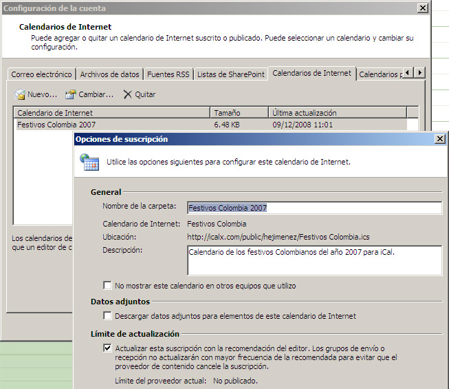 Opciones de suscripción para un calendario de Internet