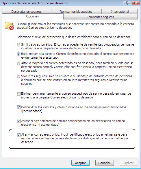 Certificados electrónicos en las opciones de correo basura