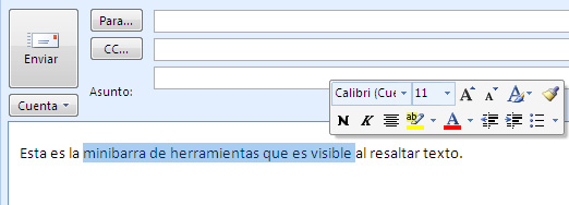 Minibarra de herramientas con opciones de formato