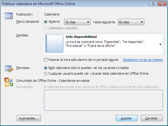 Opciones de publicación de calendarios para Office Online