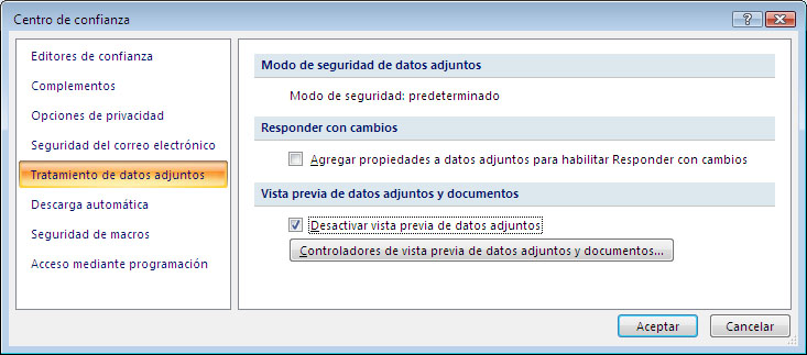 Configuración de vista previa de datos adjuntos en el Centro de confianza