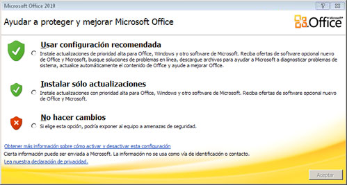 Pantalla de inicio de sesión de Office 2010 con opciones de privacidad