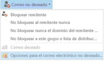 Lista desplegable del menú Correo no deseado