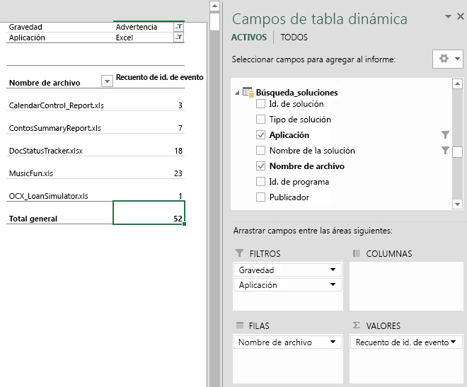 Ilustra cómo en un informe personalizado se muestran los problemas de Excel que tienen la gravedad Advertencia. En una columna se muestra el nombre del archivo y en la otra columna se muestra el número de eventos de advertencia.