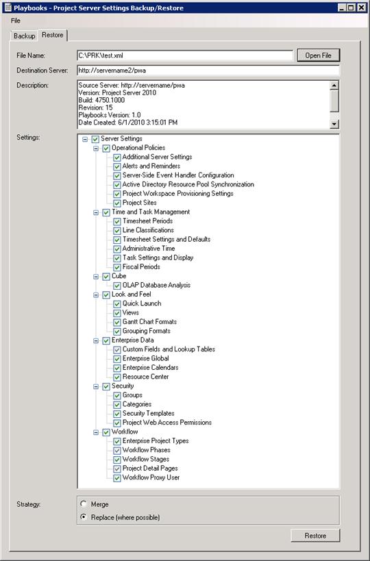 Página Restore (Restaurar) de la herramienta Playbook