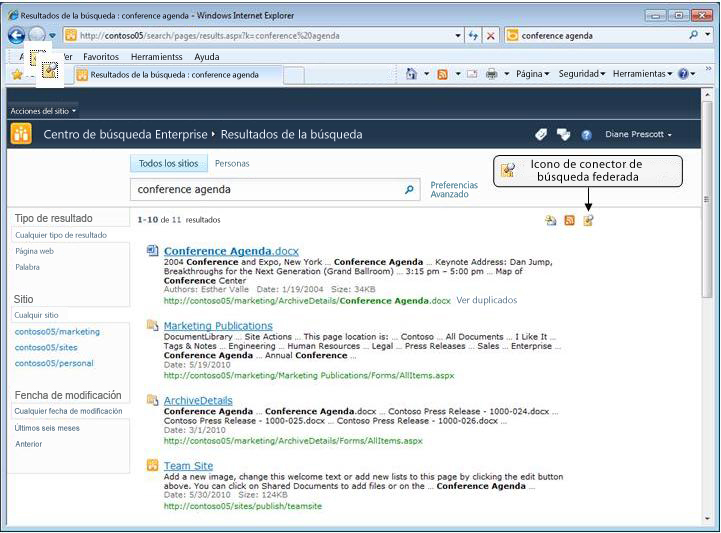 Icono del conector de búsqueda federada en un sitio de SharePoint