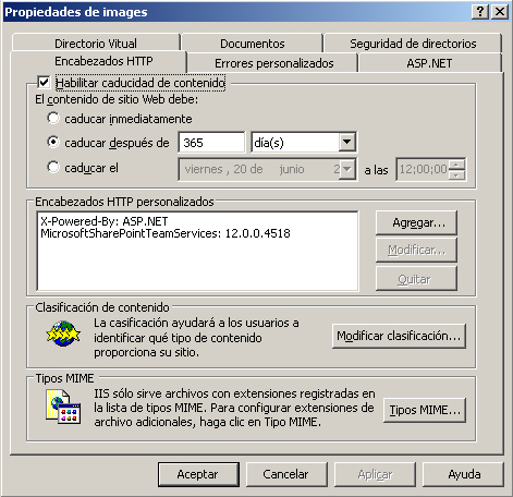 Propiedades del Administrador de IIS para la carpeta de imágenes