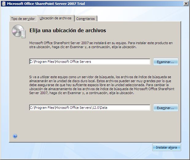 Asistente para instalación: ubicación de archivos