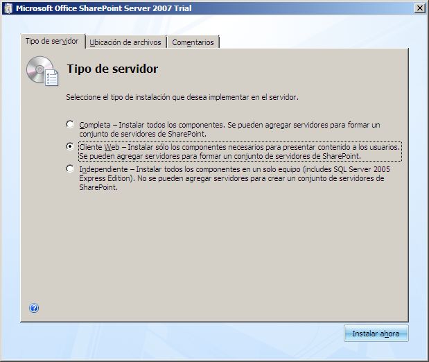 Asistente para instalación: tipo de servidor cliente web