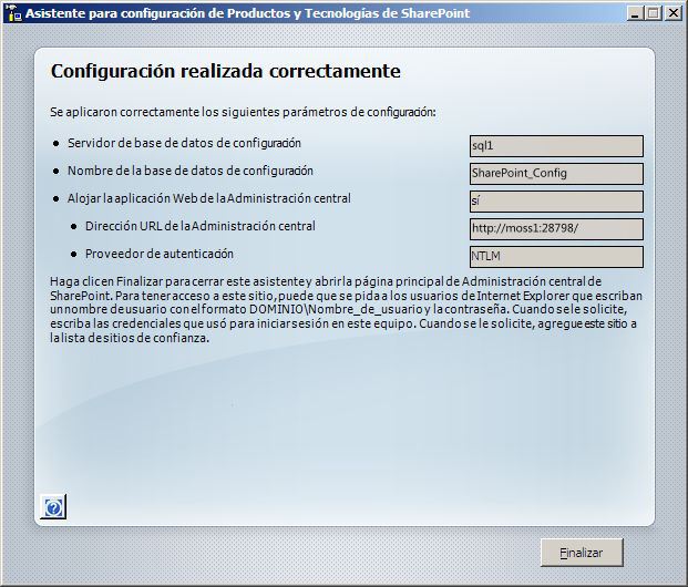 Ejecución correcta del Asistente para configuración