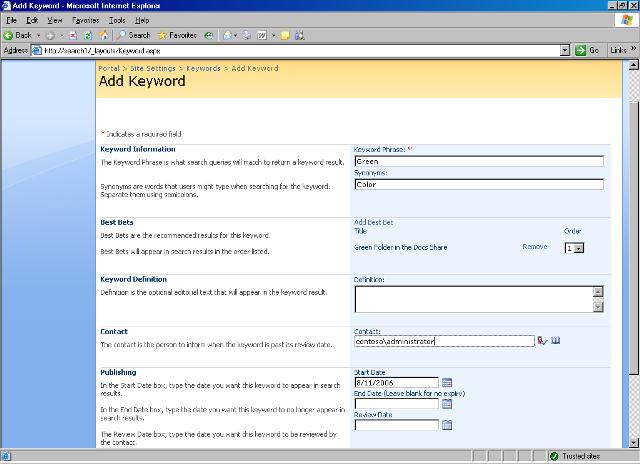 Configuración de sitio de portal: adición de palabra clave