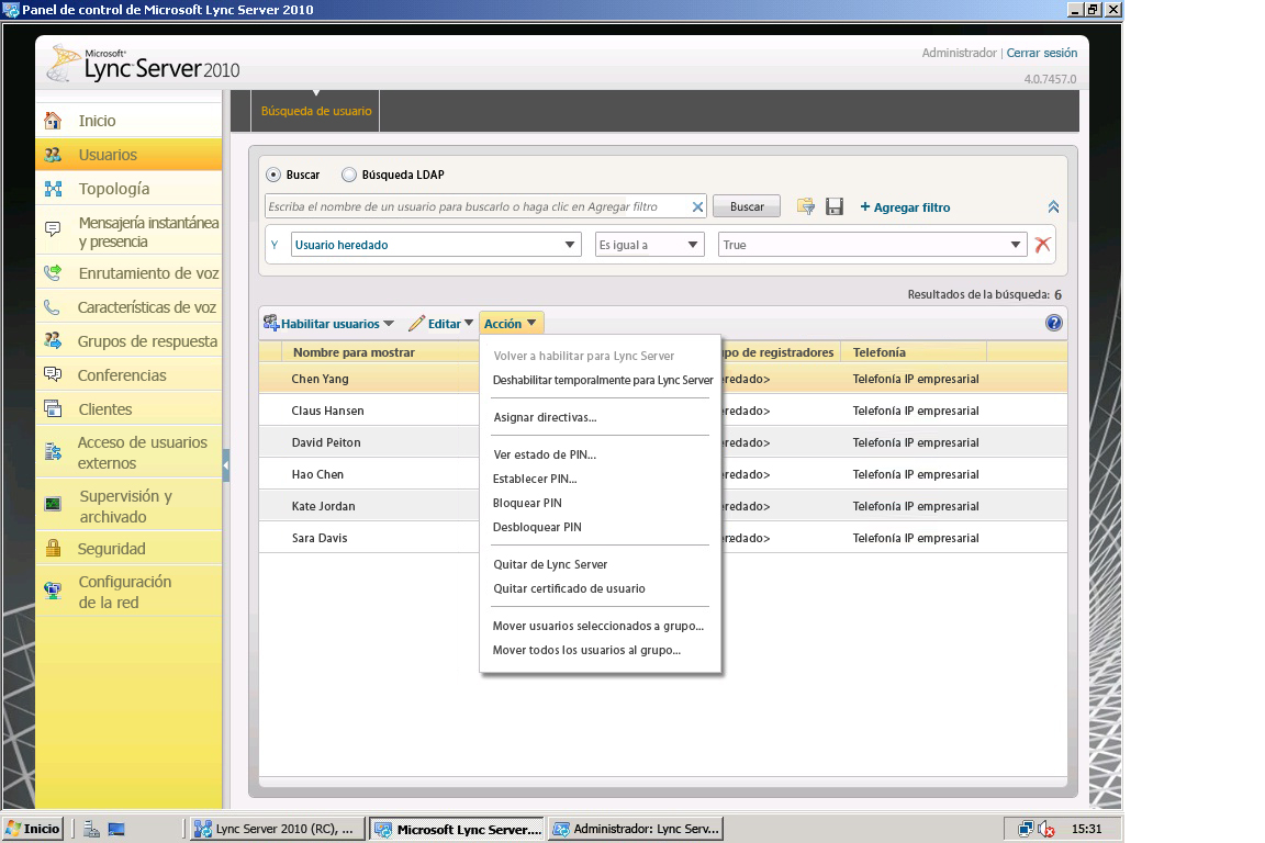 Panel de control de Lync Server - Mover usuarios seleccionados