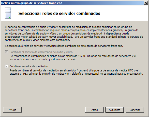 Página Servicios combinados de Standard Edition