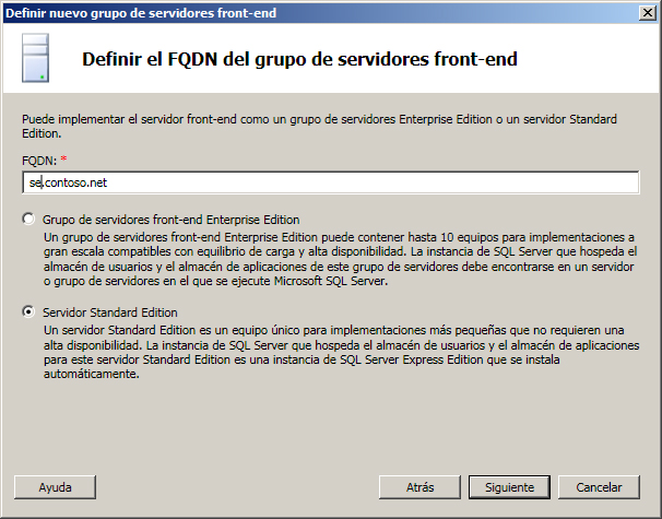 Definir el servidor front-end para el servidor Standard Edition