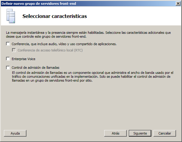 Definir grupo de servidores front-end - Cuadro de diálogo Seleccionar características