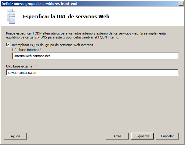 Grupo de servidores front-end - Especificar la dirección URL de servicios web