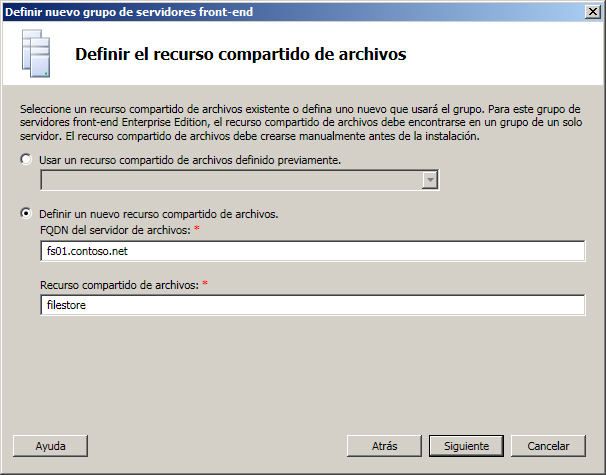 Grupo de servidores front-end - Definir el recurso compartido de archivos