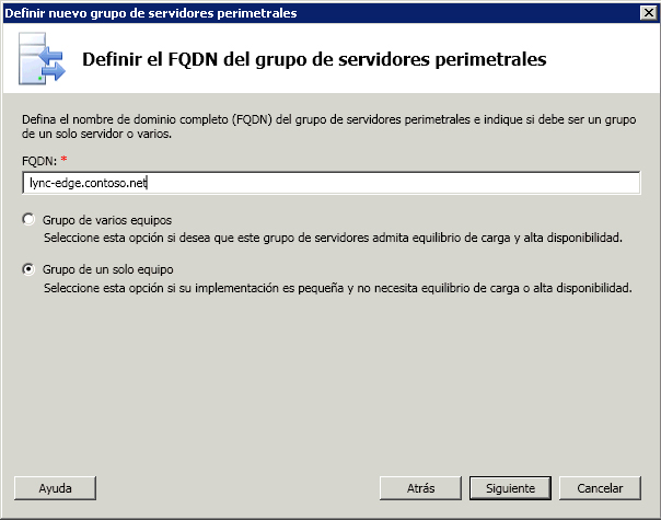 Cuadro de diálogo Definir el FQDN del grupo de servidores perimetrales